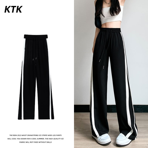 New black sports pants for women 2024 spring and summer casual straight fat mm slim black narrow wide leg pants summer