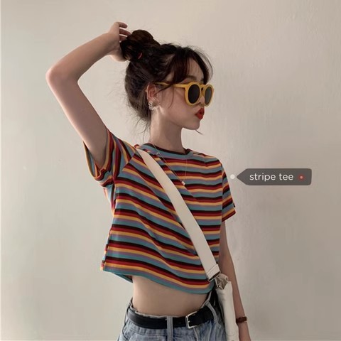 Wind rainbow striped short-sleeved T-shirt for women Korean style loose ins trendy short style