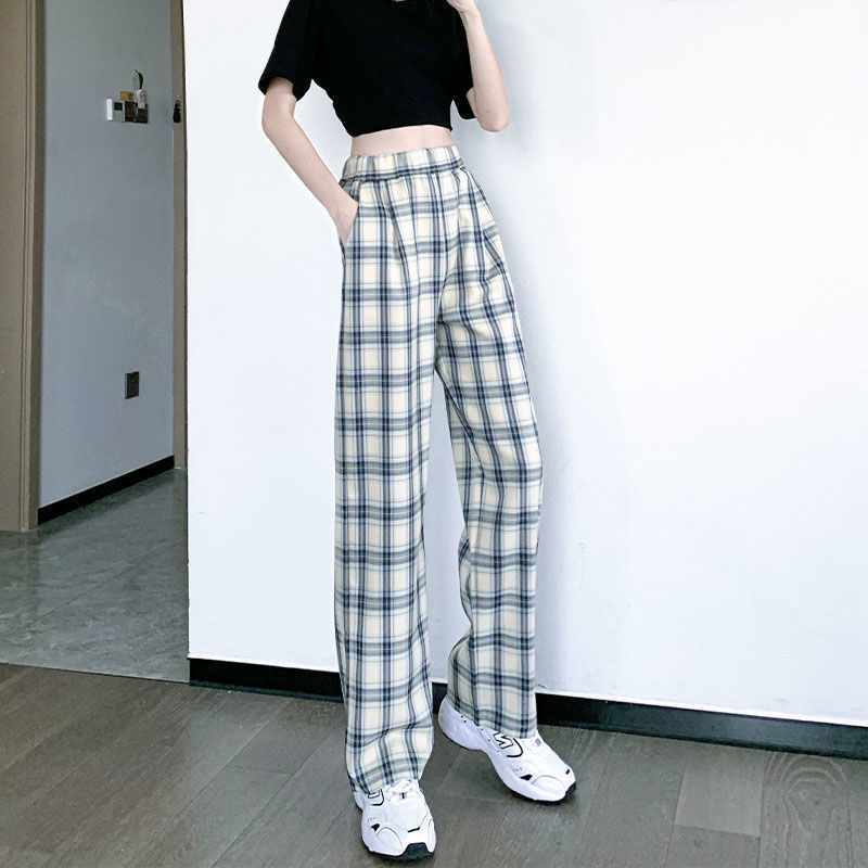 200 Jin Fat MM Plaid Pants Women's Summer High Waisted Wide Legs Loose Slim Straight Drape Summer Casual Pants Women