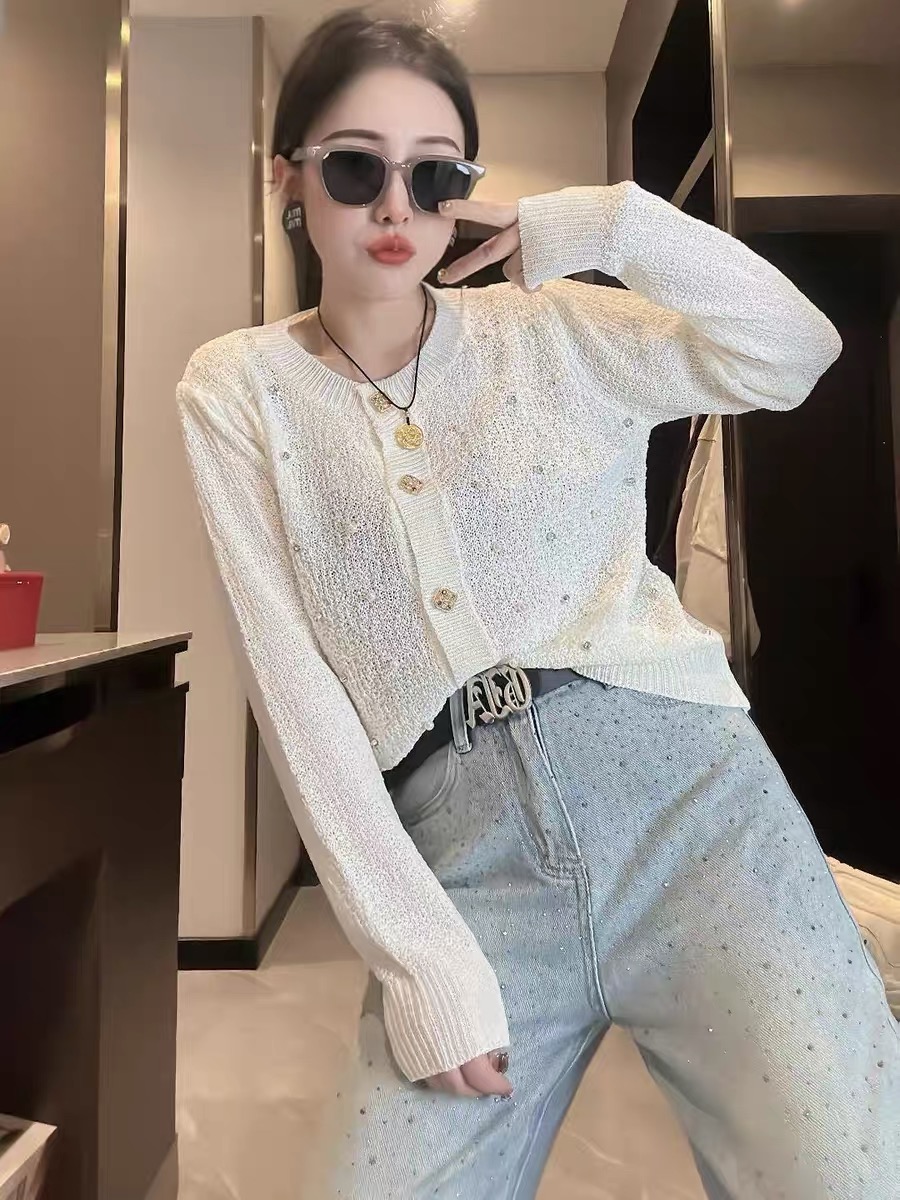 French heavy industry beaded diamond long-sleeved knitted cardigan 2024 spring new slim design niche sweater