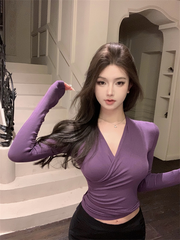 Actual shot~ Temperament and versatile design cross V-neck pleated waist short T-shirt top new bottoming shirt for women