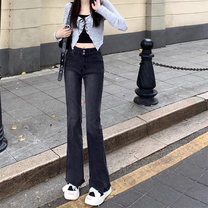 非實拍復古港風微喇牛仔褲辣妹高腰修身顯瘦彈力馬蹄褲