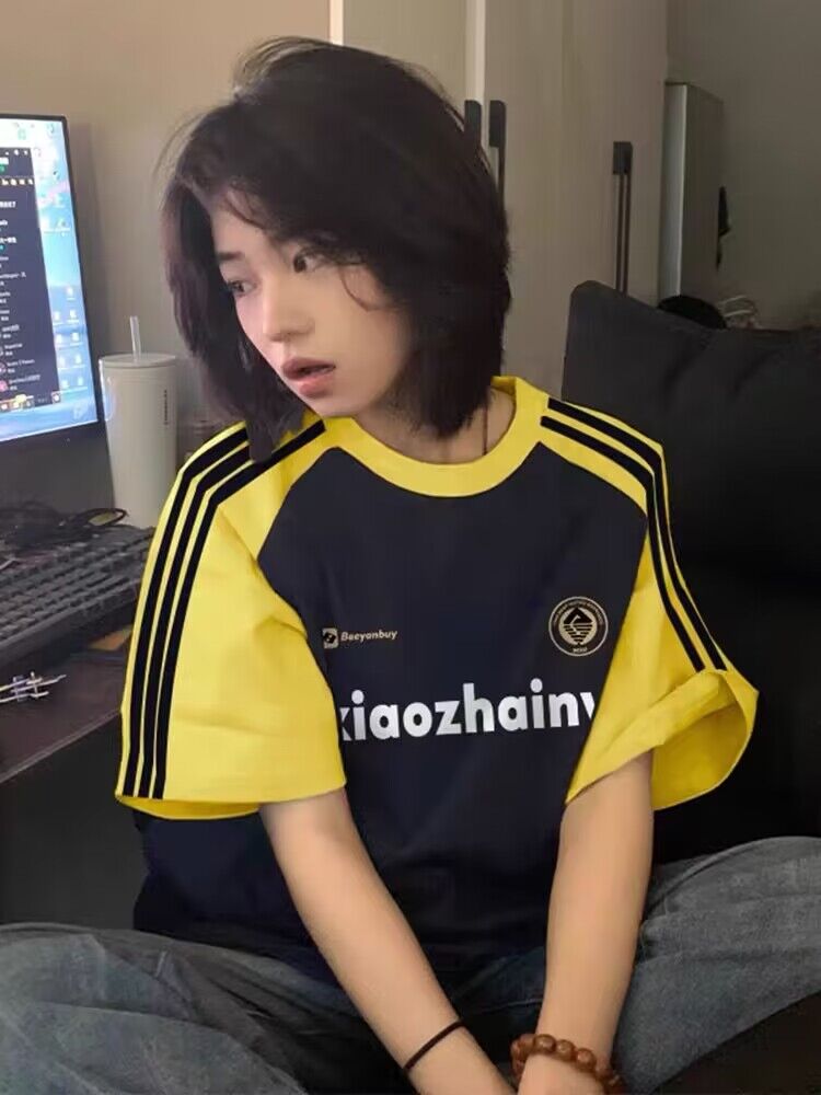 純棉200克21支精梳精密前 印花拼色三條槓落肩短袖t恤女