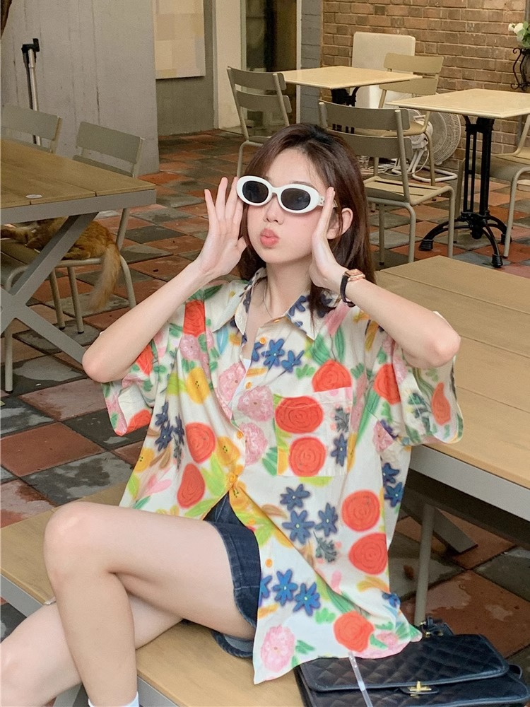 官圖 四面彈印花 甜美泰蘭德度假風花花襯衫短袖襯衣碎花可愛上衣