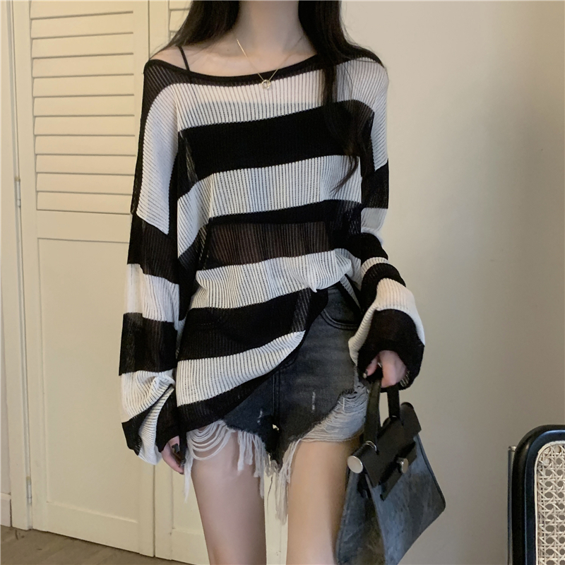 Actual shot of new design, lazy style striped sweater, sun protection clothing, hollow thin blouse