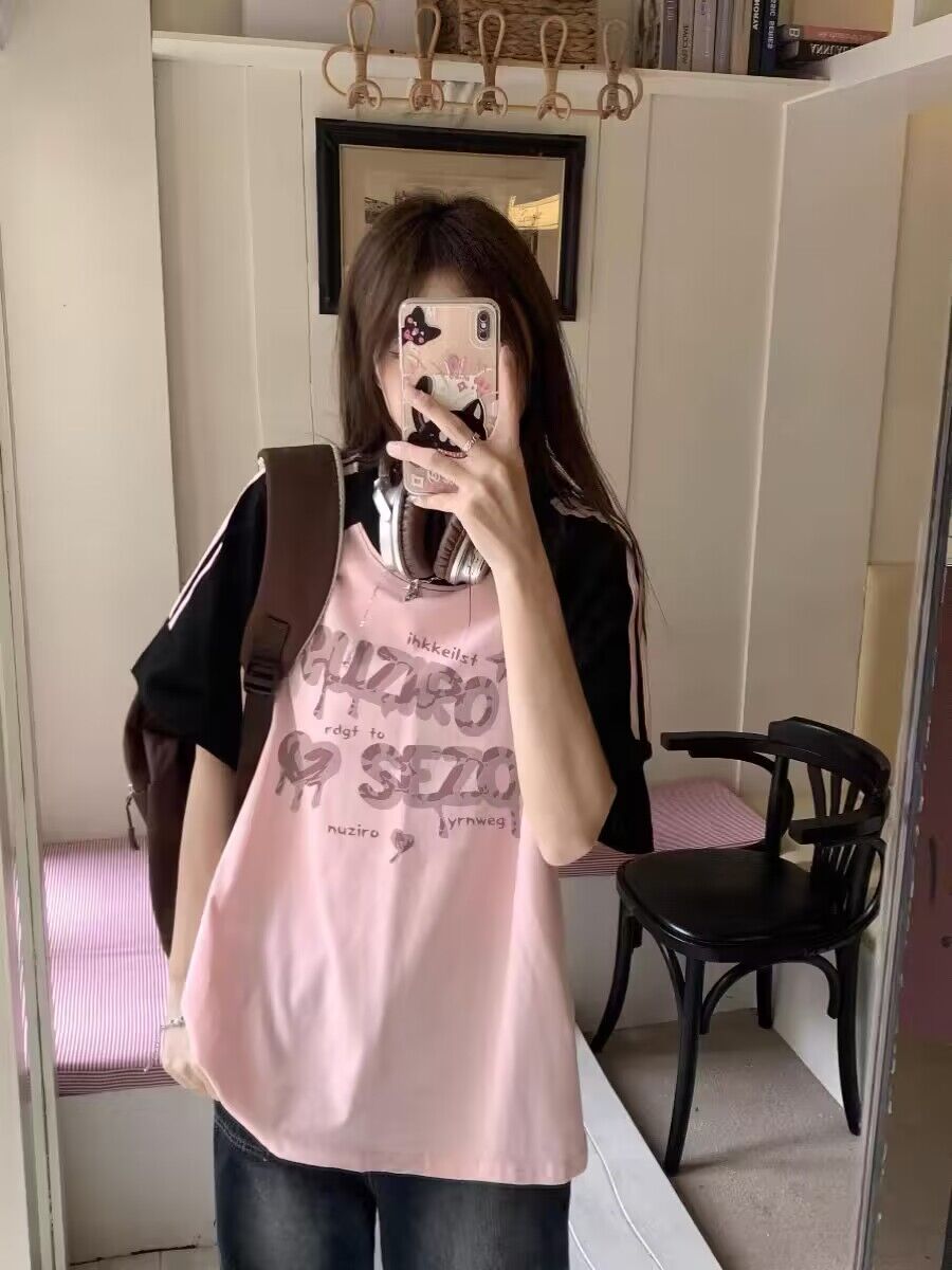 純棉200克21支精梳精密前 印花拼色三條槓落肩短袖t恤女
