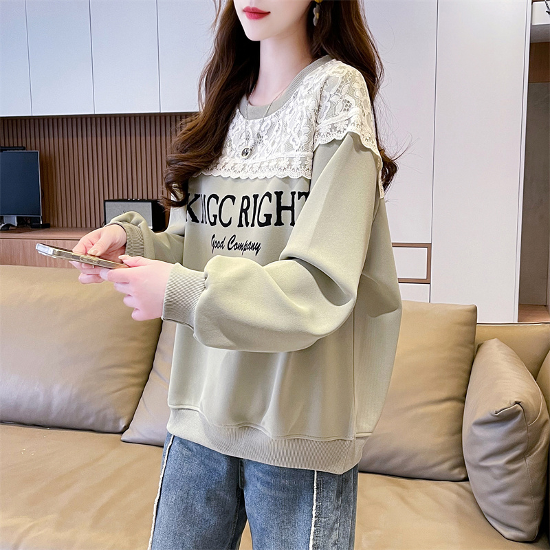 Real shot of lace splicing sweatshirt for women, new spring and autumn style, age-reducing, loose design, trendy top