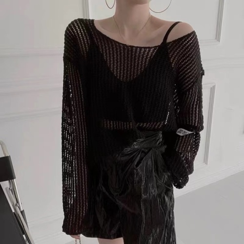 Korean chic summer simple round neck pullover loose top thin hollow see-through sun protection sweater blouse for women