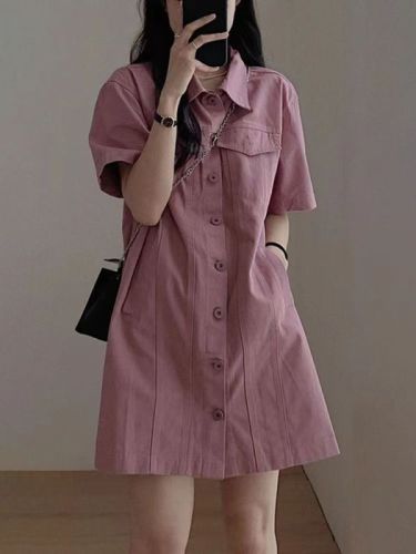 小个子粉色polo领连衣裙女夏季2024新款收腰显瘦衬衫裙气质短裙子