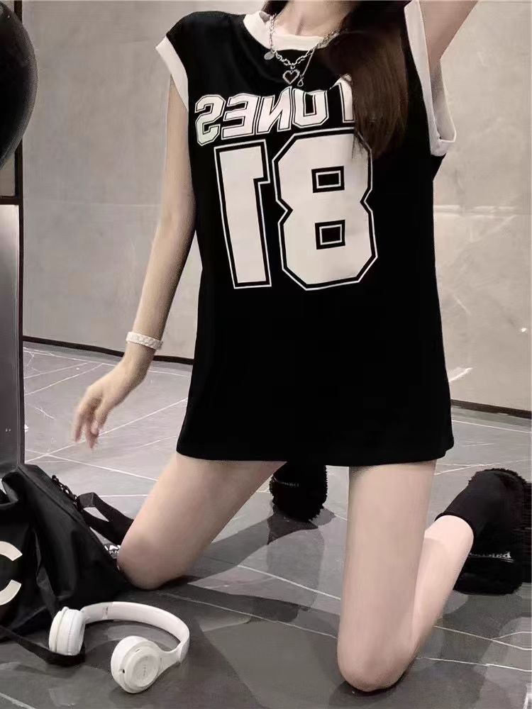 21 count pure cotton new summer casual contrast collar sleeveless T-shirt women's mid-length vest top