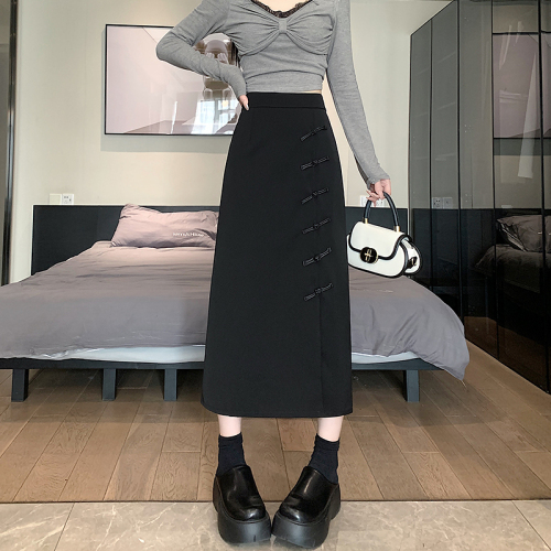 Actual shot of new Chinese style Chinese-style buckle a-line suit skirt for women 2024 spring and summer slim mid-length slit skirt