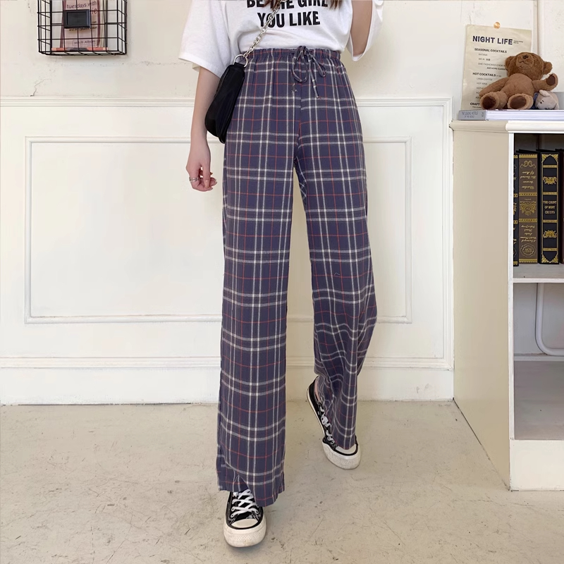 Actual shot of plus size women's clothing 200 pounds Korean style high-waist slim floor-length trousers elastic waist plaid wide-leg pants