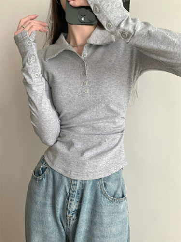 实拍 春季韩版气质修身polo领纽扣设计感纯棉长袖T恤上衣女