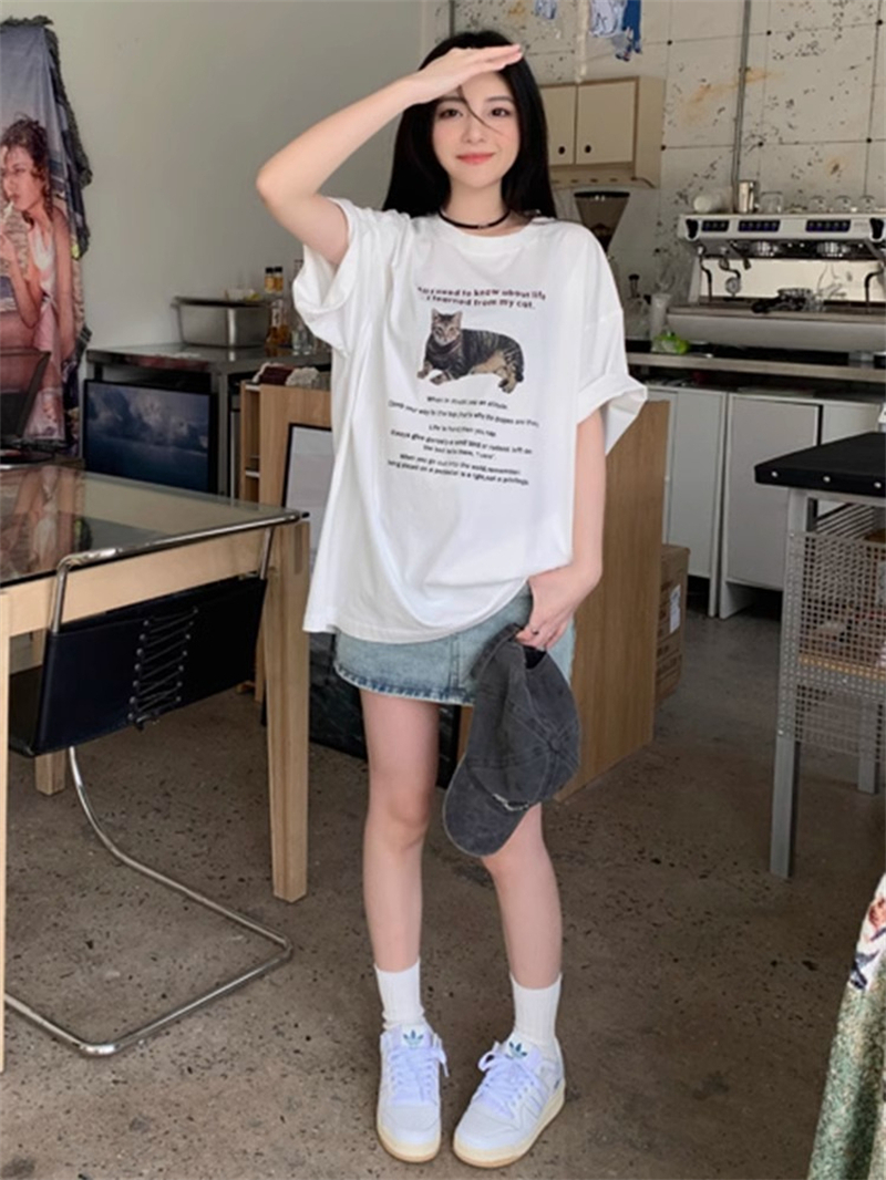 2024 new summer style lazy style cartoon cat print short-sleeved T-shirt trend
