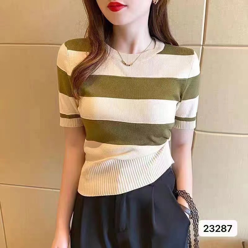 夏季新款韓系經典撞色條紋百搭短袖上衣女