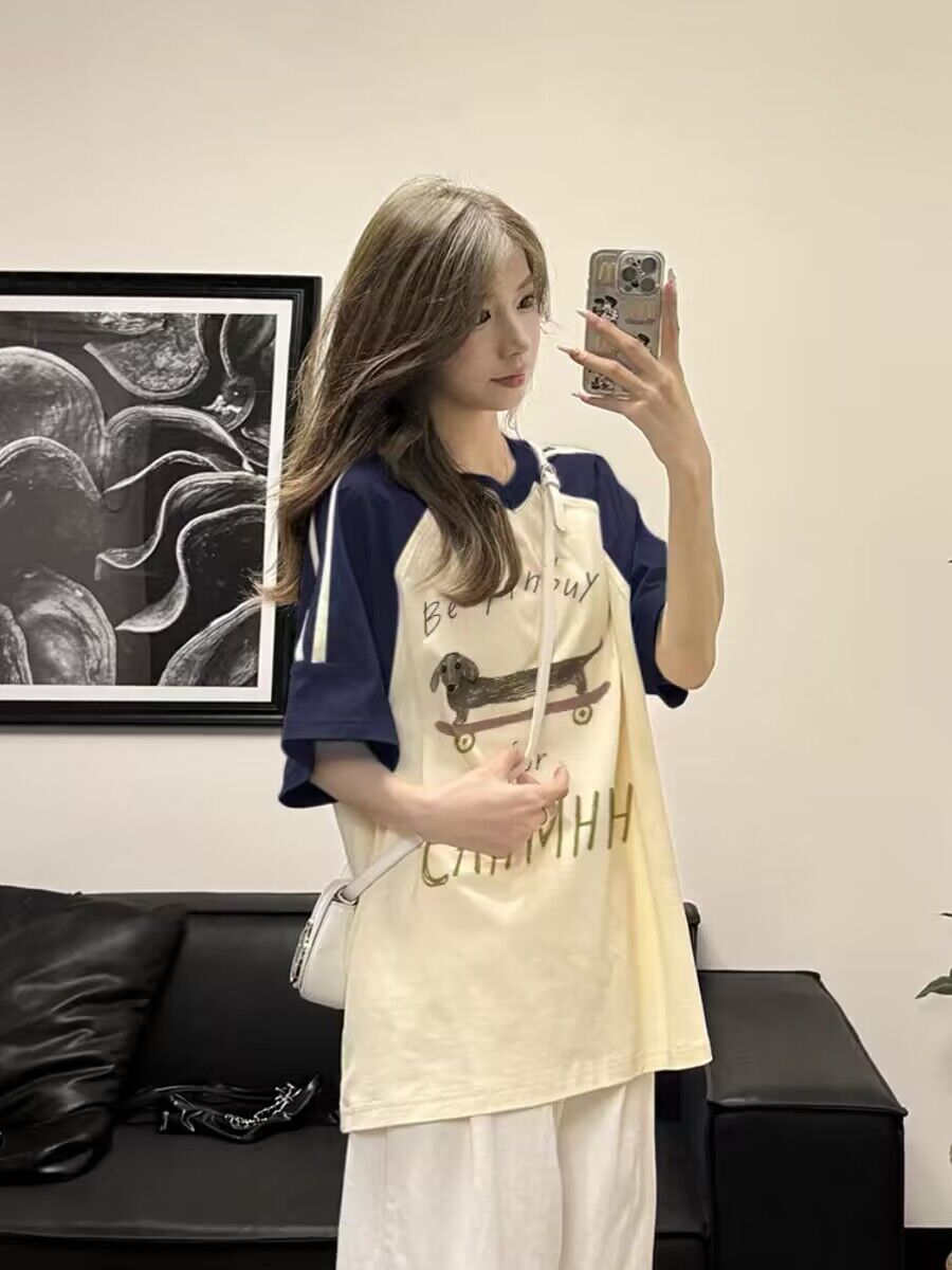 純棉200克21支精梳精密前 印花拼色三條槓落肩短袖t恤女