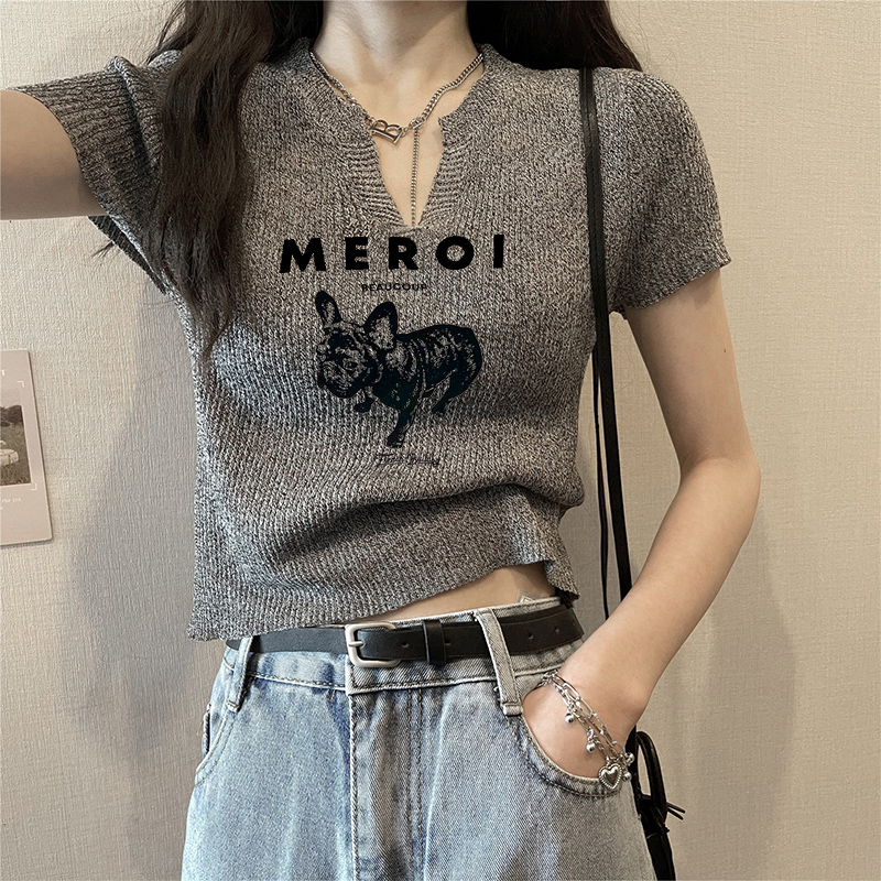 Gray short shoulder ice silk sweater short-sleeved t-shirt for women summer 2024 new slim fit little top