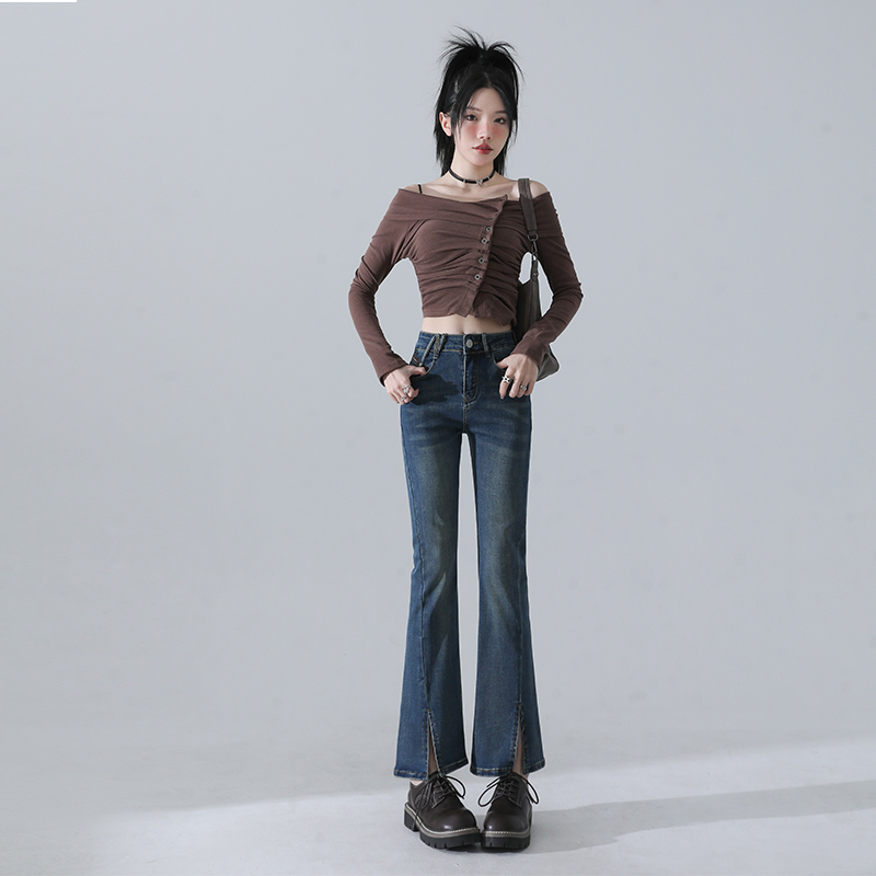 實拍~2024韓版微喇開叉牛仔褲女秋季高腰寬鬆顯瘦直筒九分喇叭褲