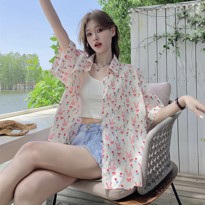 夏季寬鬆短袖印花襯衫女外穿復古法式甜美日系學生襯衣上衣女洋氣