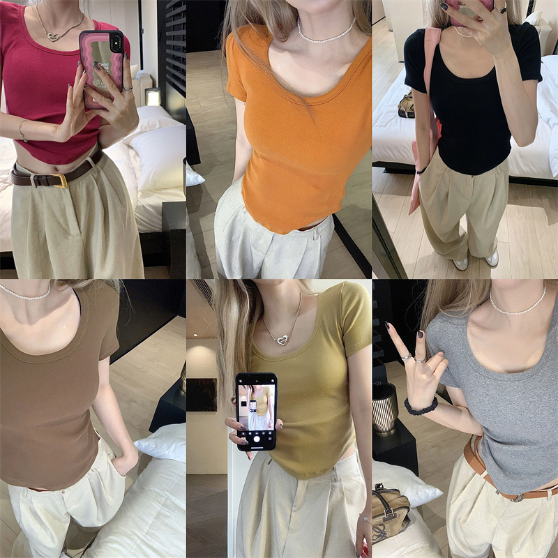 210g 40 count pure cotton ribbed 95 cotton 5 spandex summer U-neck slim short irregular top