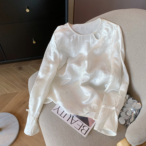 White new Chinese style jacquard hollow round neck shirt 2024 women's spring high-end slim acetate thin shirt