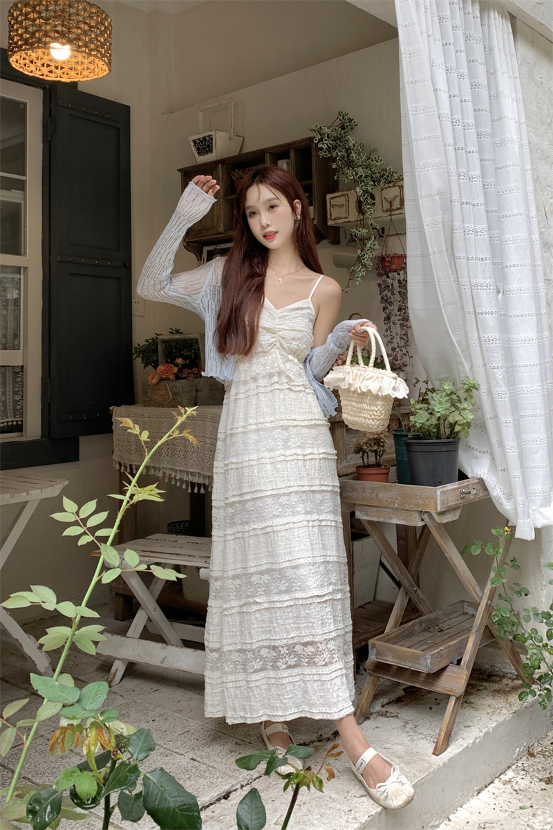 實拍~甜美溫柔風初戀仙女蕾絲吊帶蛋糕裙長裙+薄款防曬長袖