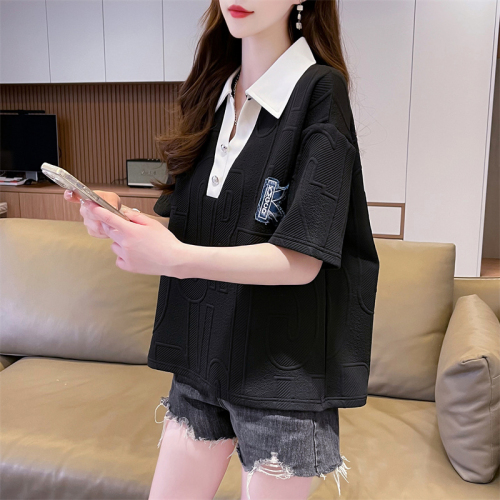 Real shot waffle short-sleeved t-shirt for women retro chic Hong Kong style half-sleeved design niche summer loose polo shirt
