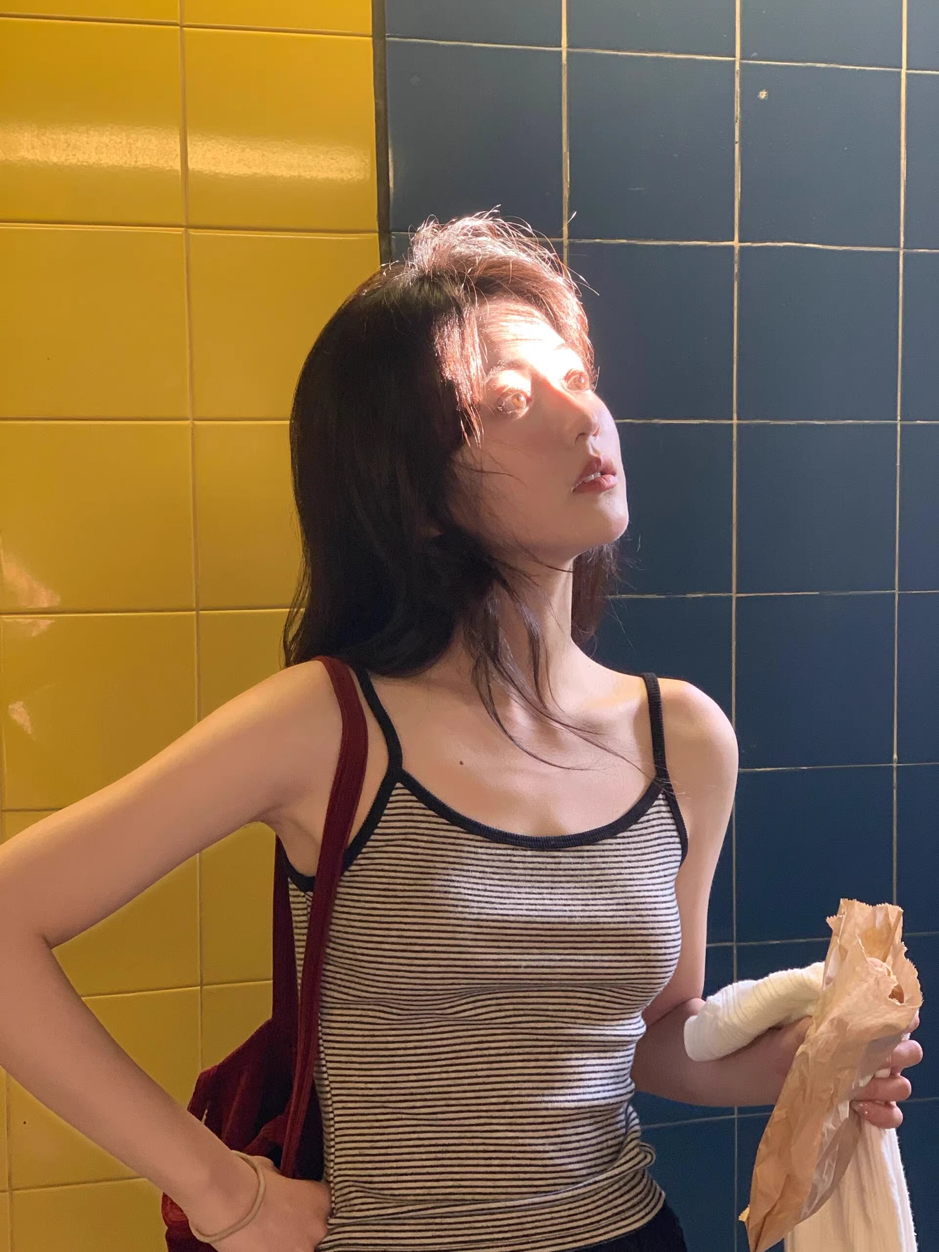 灰色條紋露背吊帶背心女夏夏季海邊度假性感辣妹美背內搭外穿上衣