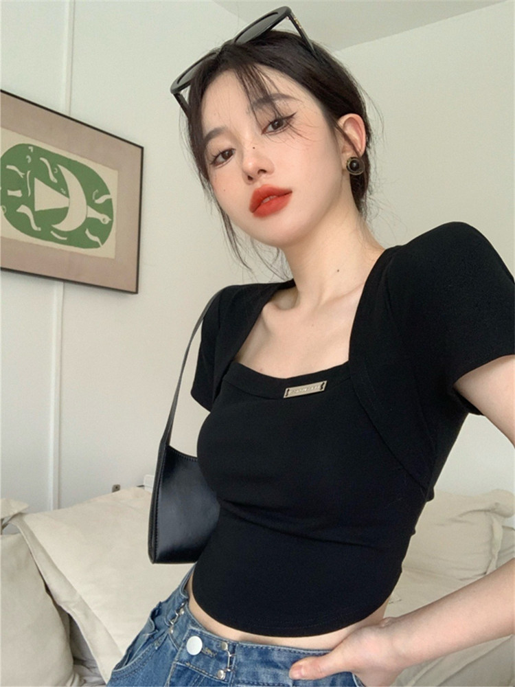 甜辣妹純欲風T恤少女短款顯瘦不規則撞色設計感掛脖上衣