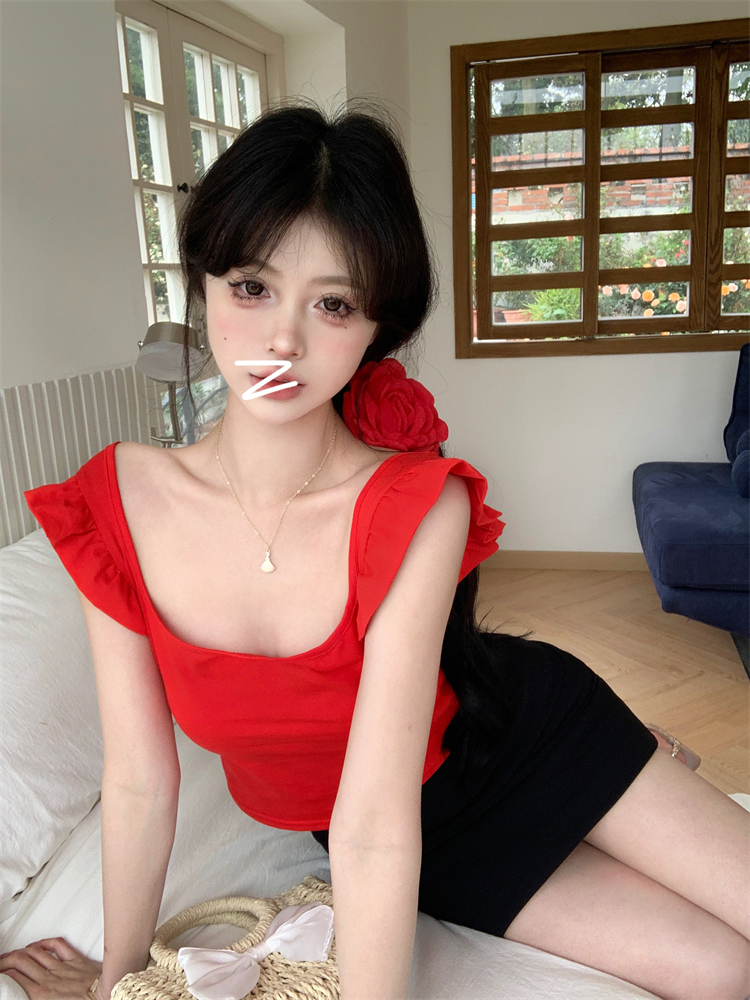實拍 紅色大方領小飛袖短款上衣女夏季修身顯瘦短袖T女