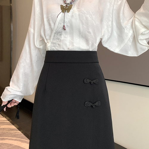 Real shot of simple new Chinese style national style suit skirt for women 2024 spring and summer new style high waist slimming slit straight skirt