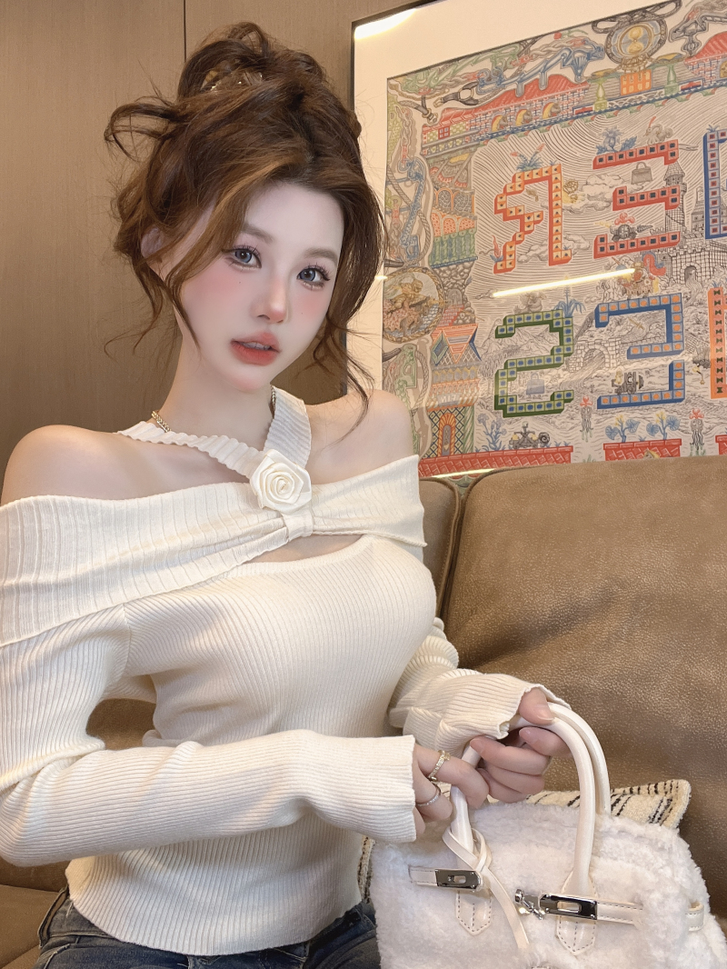 Actual shot ~ Spring and summer new style mage gentle three-dimensional flower one-shoulder halter neck slimming bottoming top