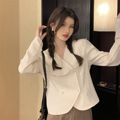 Spring new style large lapel double-breasted waist-cinching temperament goddess long-sleeved shirt top real shot