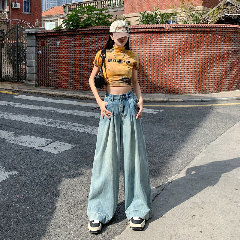 實拍~美式復古褶皺口袋設計寬鬆闊腿牛仔褲垂感百搭拖地褲子女ins