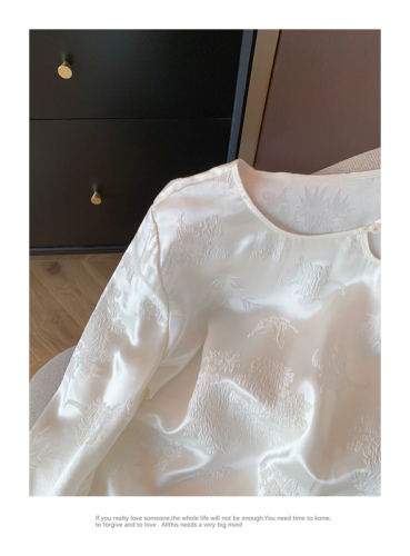 White new Chinese style jacquard hollow round neck shirt 2024 women's spring high-end slim acetate thin shirt