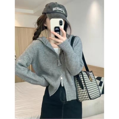 Designed double zipper hooded bottoming knitted cardigan for women 2024 autumn new fashion chic short pink sweater trend
