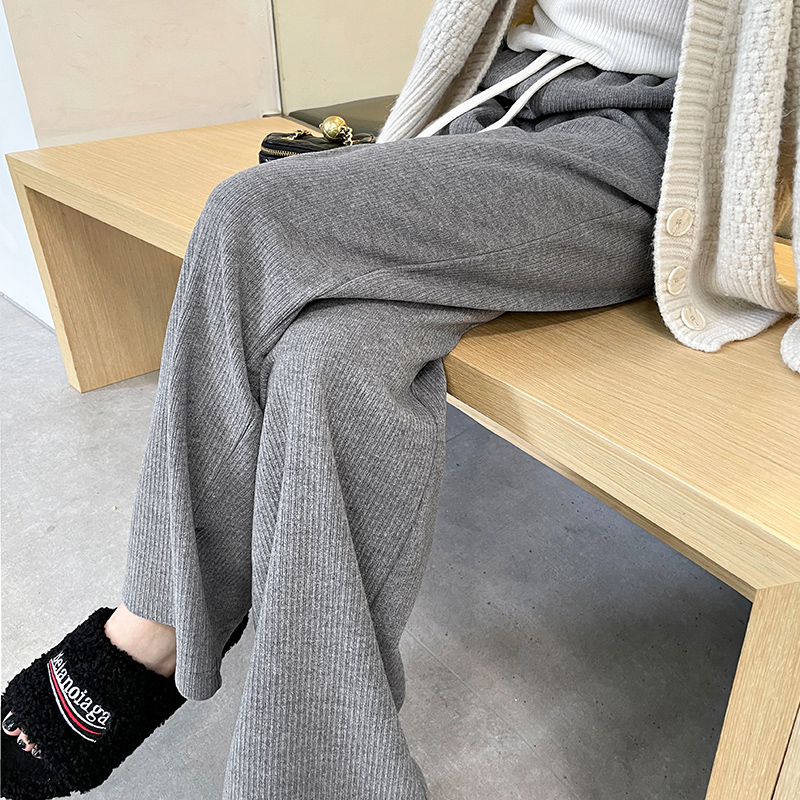 高彈子母條薄款春夏季新款寬鬆闊腿百搭休閒褲女