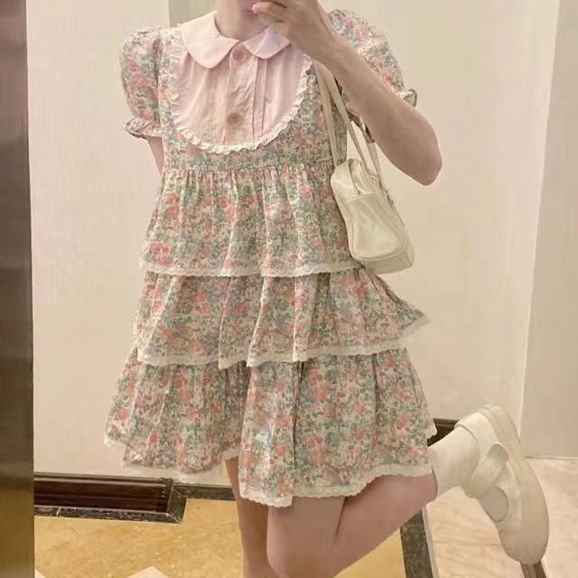 粉色碎花泡泡袖娃娃領拼接連衣裙女學生蛋糕裙