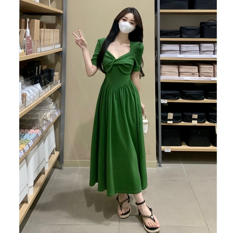 法式復古溫柔風洋氣連衣裙女桔梗設計感扭結蝴蝶結顯瘦氣質大擺裙