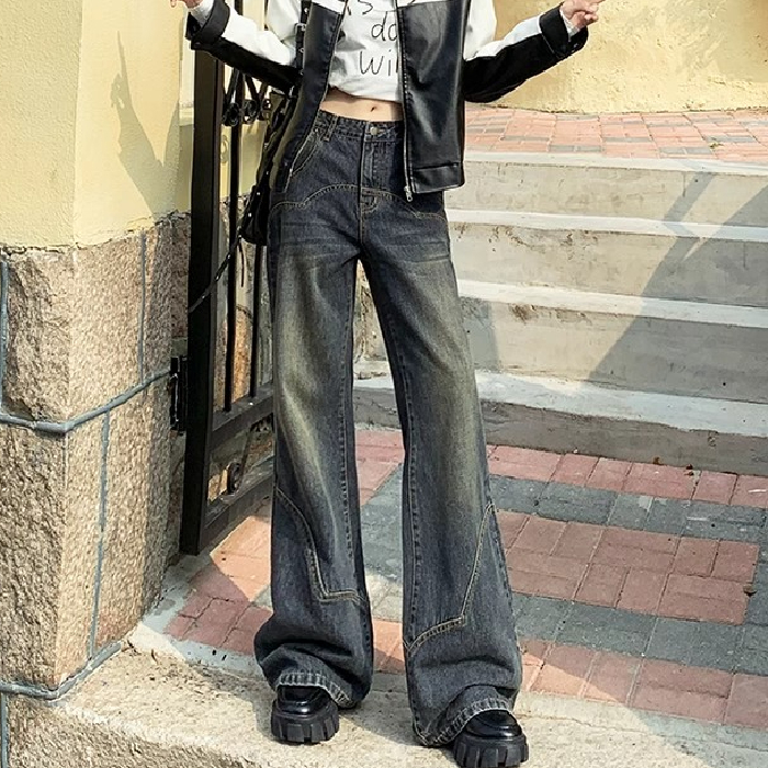水泥灰復古闊腿微喇牛仔褲女春秋美式高街高腰顯瘦寬鬆拖地褲子潮