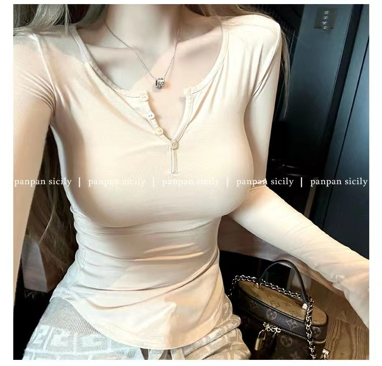 已出貨 辣妹純欲小眾v領長袖T恤上衣服修身顯瘦韓版百搭體恤ins女