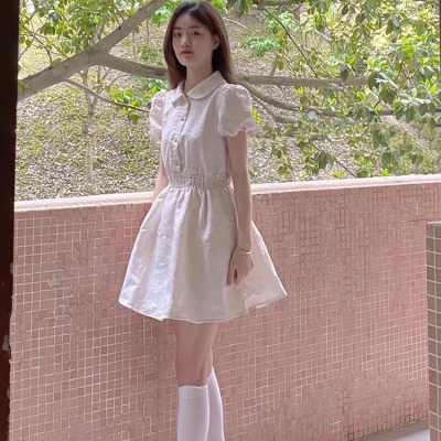 原版提花 甜美小眾初戀連衣裙女夏季收腰a字茶歇裙子