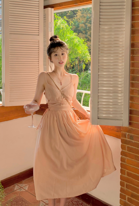 Real shot of the fugitive princess slim dress for women spring and summer new suspender skirt seaside vacation fairy skirt