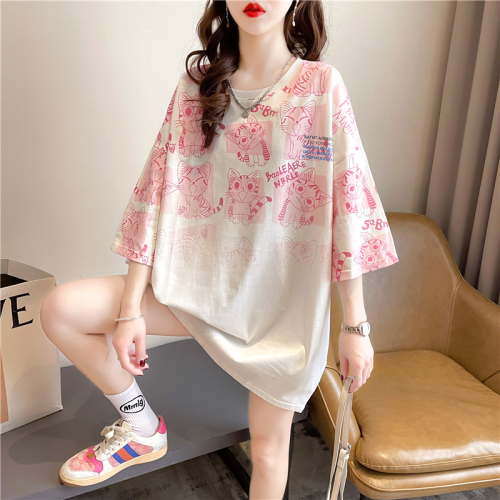 Real shot summer Korean style loose 6535 cotton cartoon print top mid-length large size short-sleeved T-shirt for women