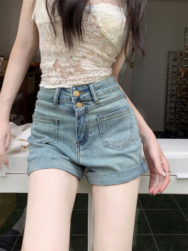 Actual shot of new stretch high-waisted A-line hemmed denim shorts hot pants jeans for women