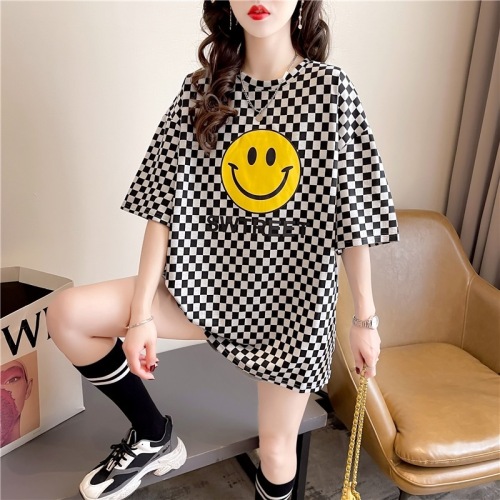 Actual shot of summer new Korean style round neck plaid smiley print loose mid-length large size women's short-sleeved T-shirt for women