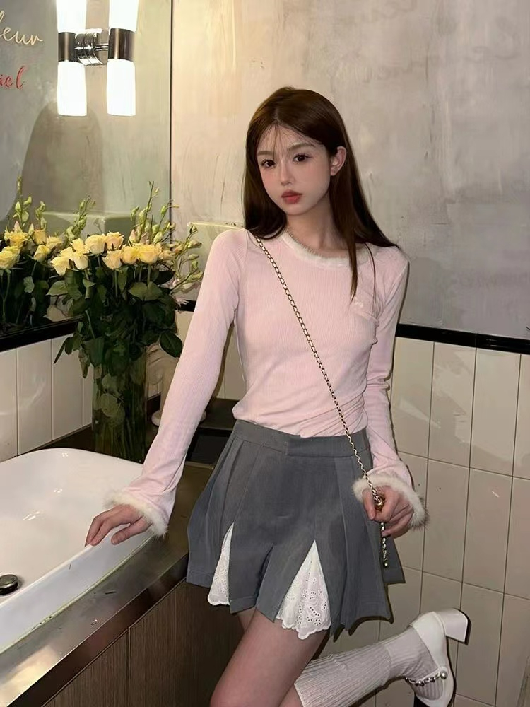 已出貨 甜辣風粉色長袖t恤女春季新款小眾修身顯瘦百搭上衣服ins