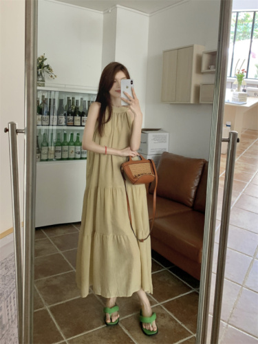 Summer French resort style high-end halter skirt gentle wind chiffon A-line long dress real shot