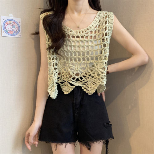 Actual shot of new hand-knitted hollow crocheted sleeveless top