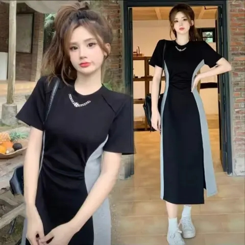 6535棉超火拼接撞色胖MM開叉長裙收腰顯瘦高檔短袖連衣裙女
